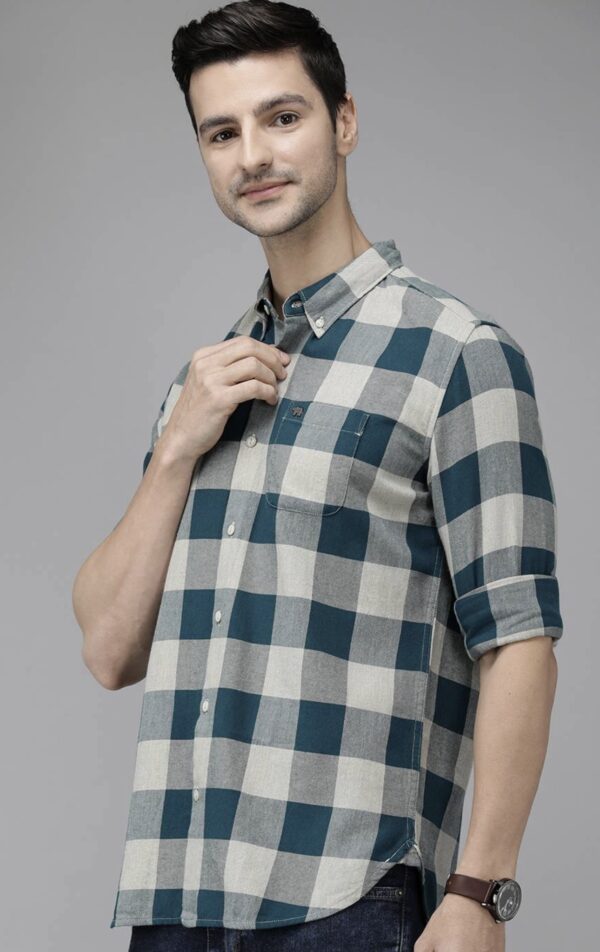 THE BEAR HOUSE Men Teal Blue Pure Cotton Checked